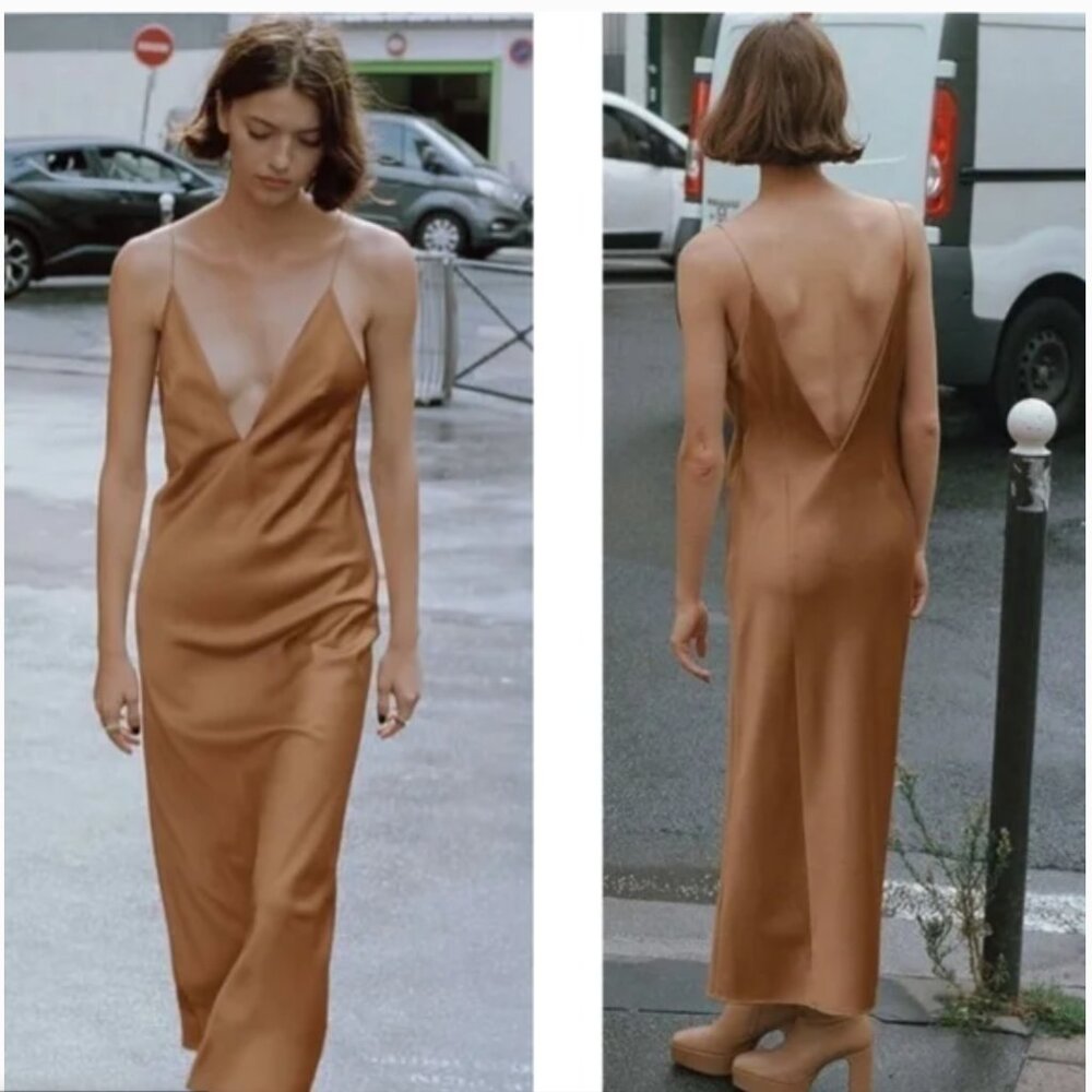 Zara Satin Plunge Backless Cocktail Dress in Copper Honey Brown